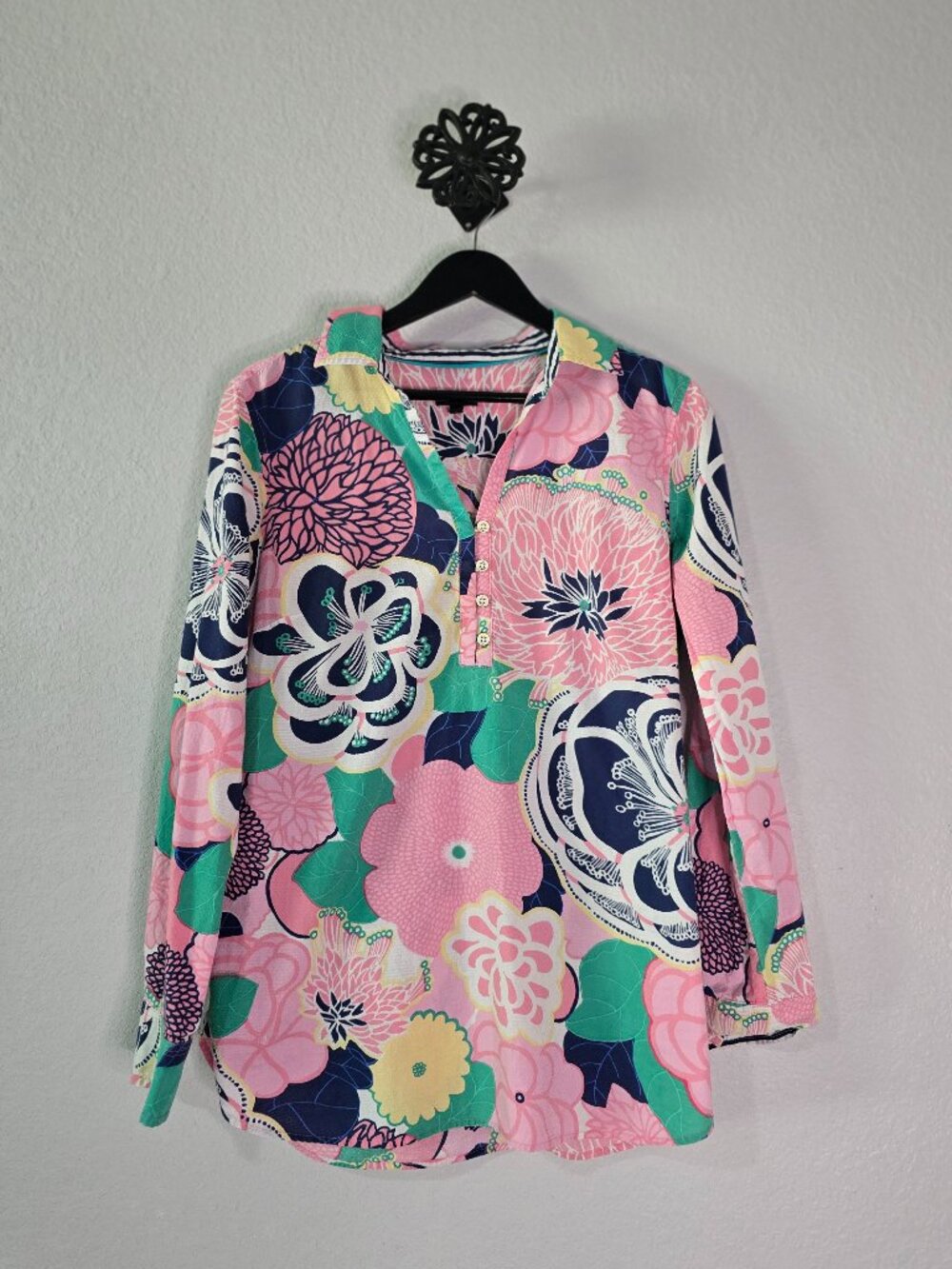 Talbots Pink Floral Cotton Popover Tunic Blouse Size Medium